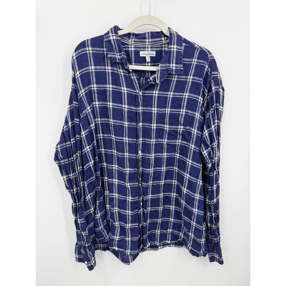 Peter Millar Plaid Linen Button Down Shirt Mens XXL Blue White Long Sleeve